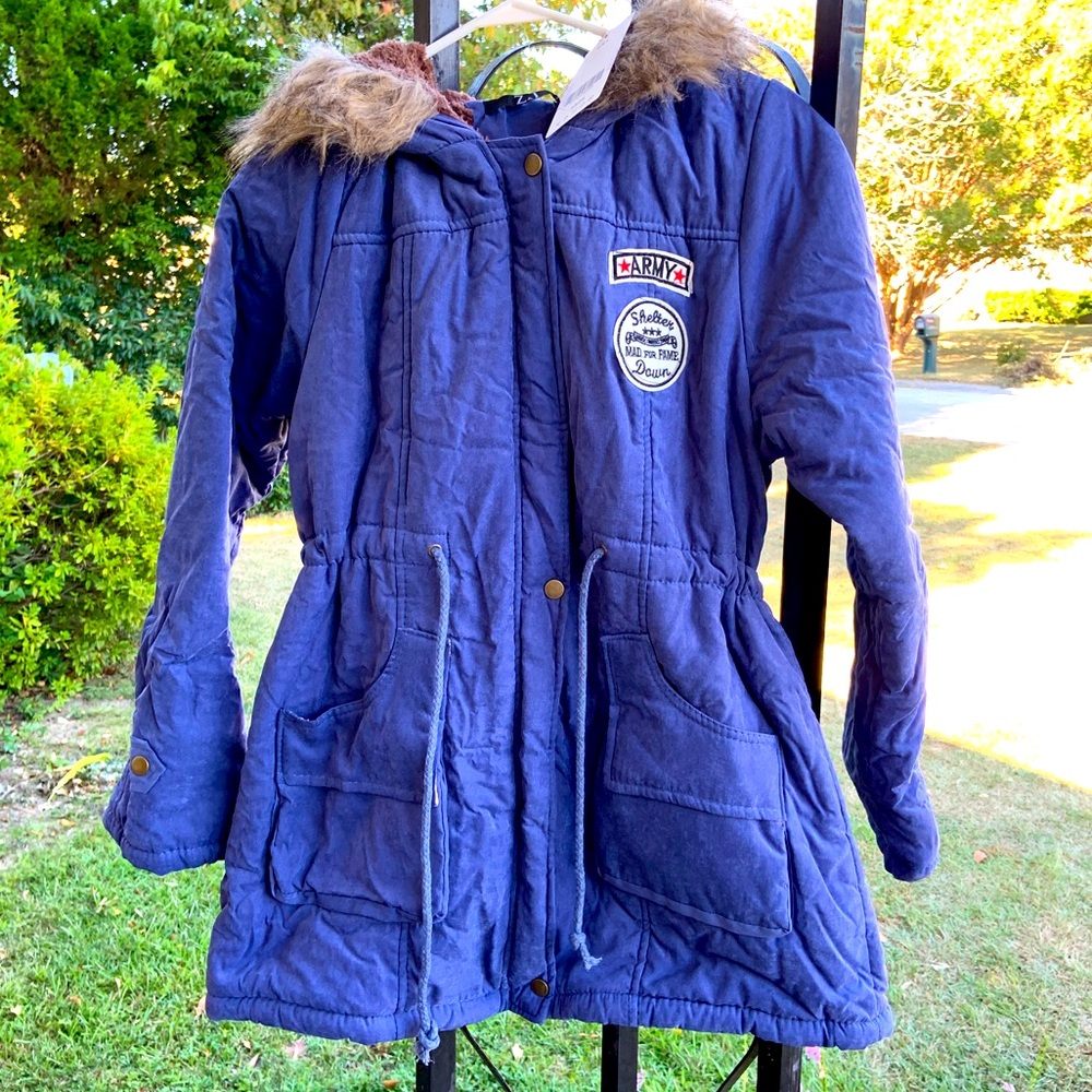 Purple blue cinched waist parka with faux fur hood and thick inner lining